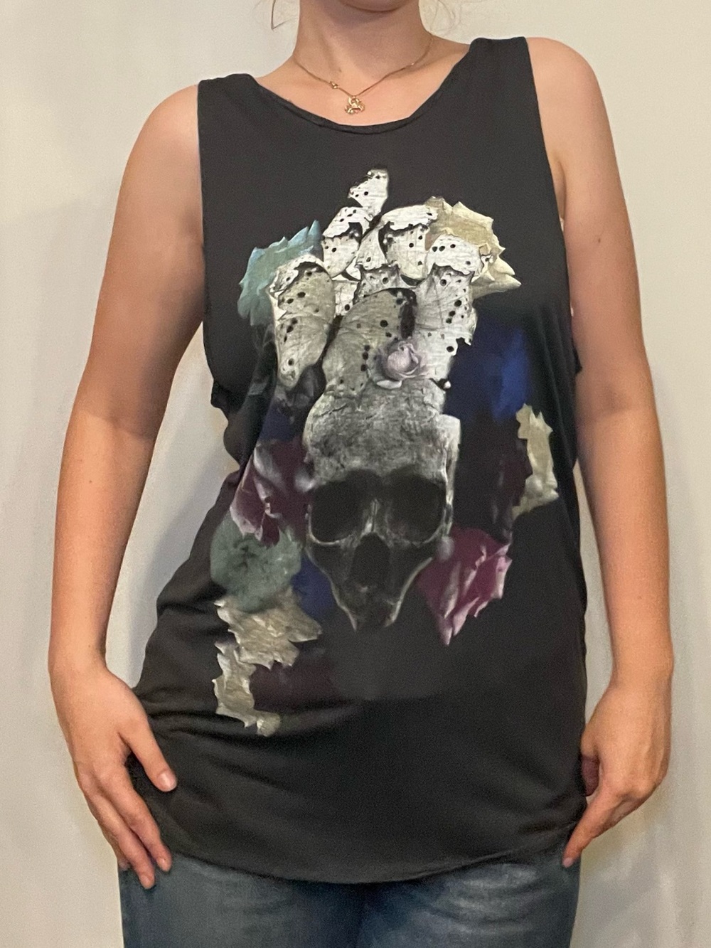 The Kooples Black Skull Graphic Tank with Multicolor Accents